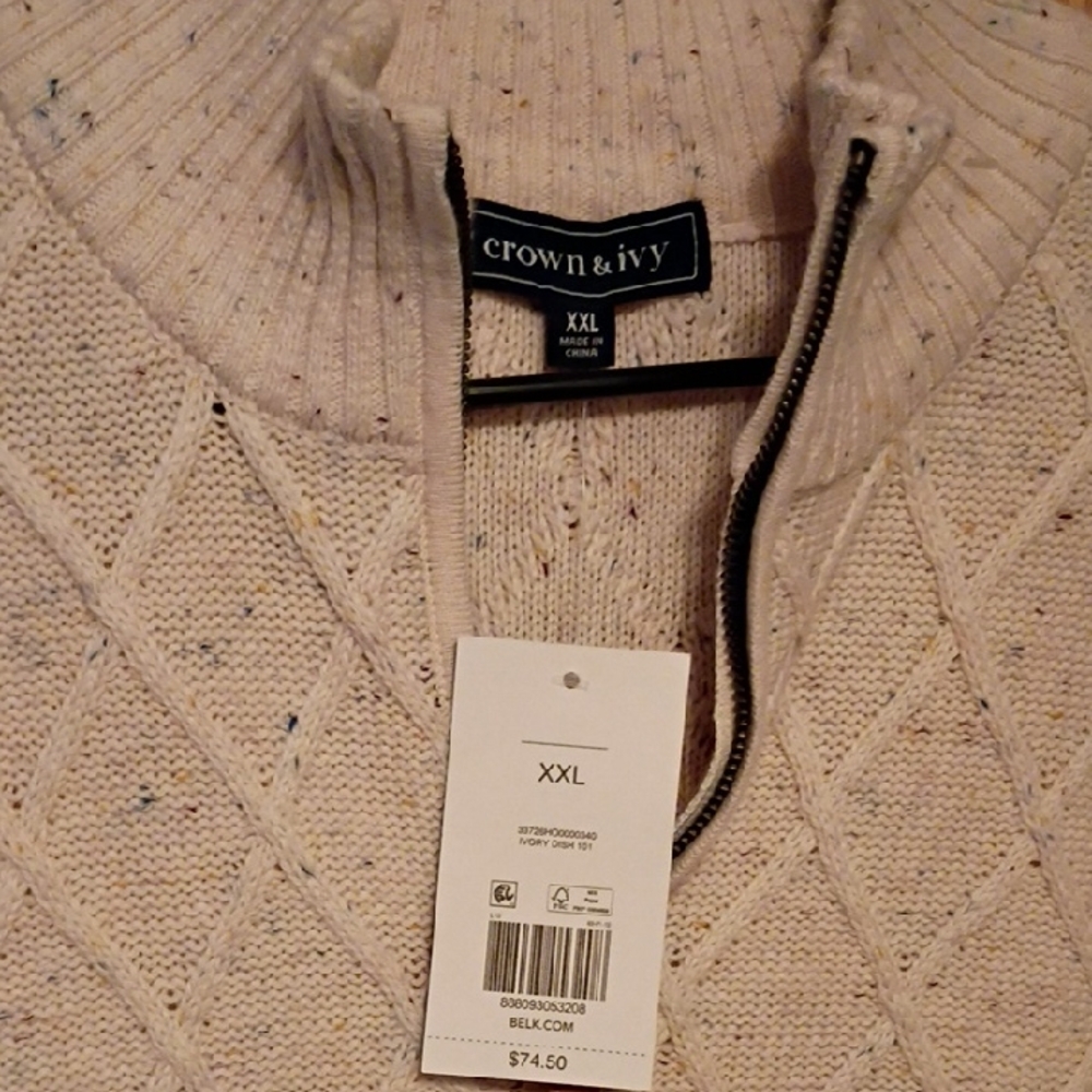 Crown & Ivy Men's Speckled Cream Zip-Up Sweater
